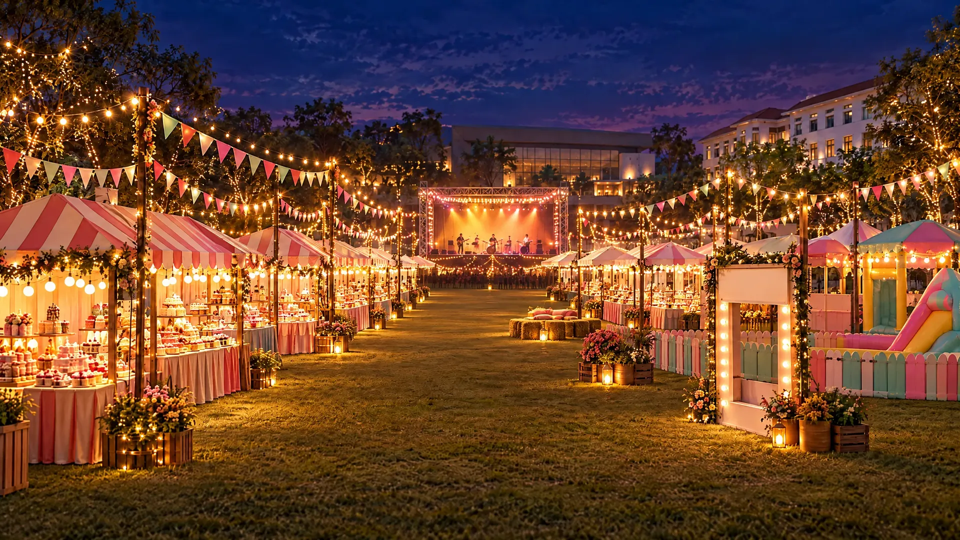 Baker's Street Carnival lane at night under string lights